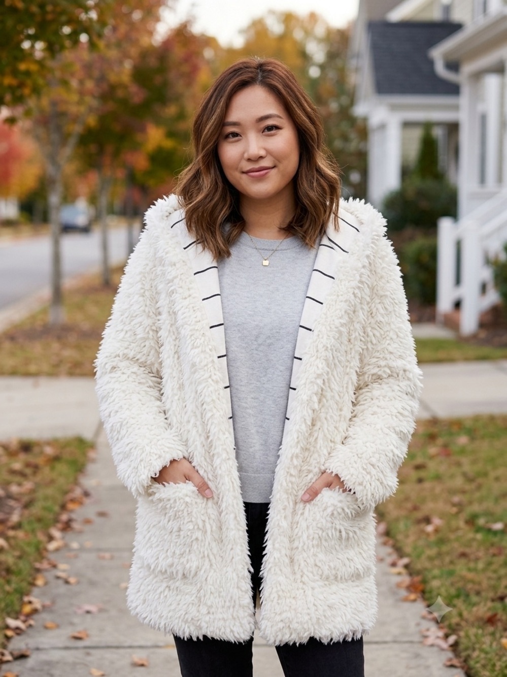 Splendid Faux Fur Hooded Cardigan Coat Cream Ivory Striped Pockets Lined XS